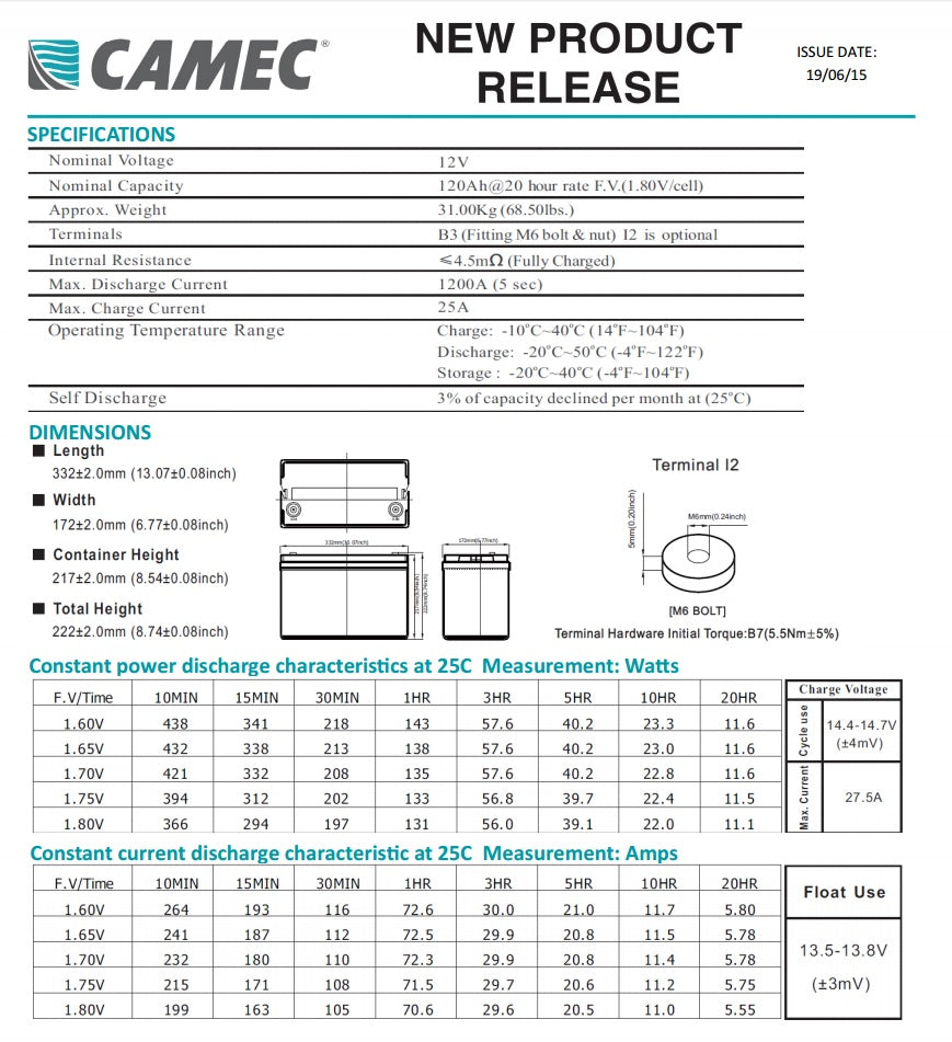 Camec 120AH SLA Deep Cycle AGM Battery