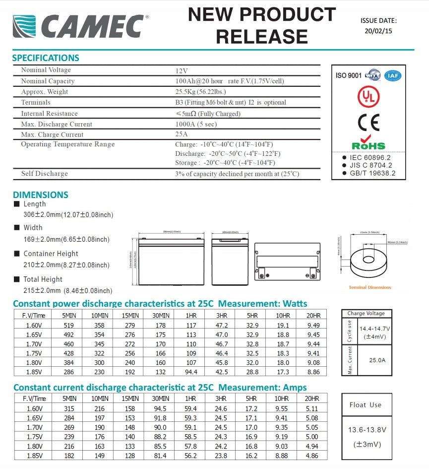 Camec 100AH SLA Deep Cycle AGM Battery